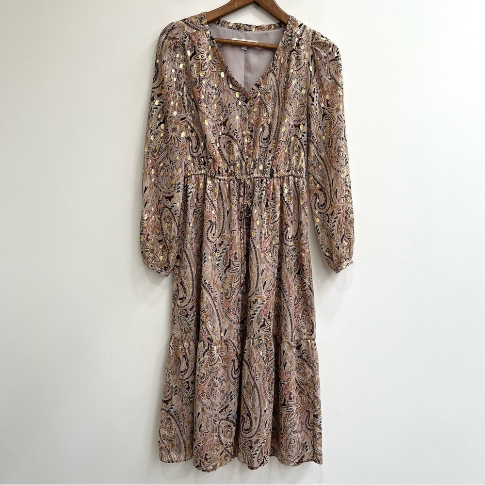 LOFT Metallic Shimmer Paisley V-Neck Midi Dress Long Sleeve Desert Clay Small